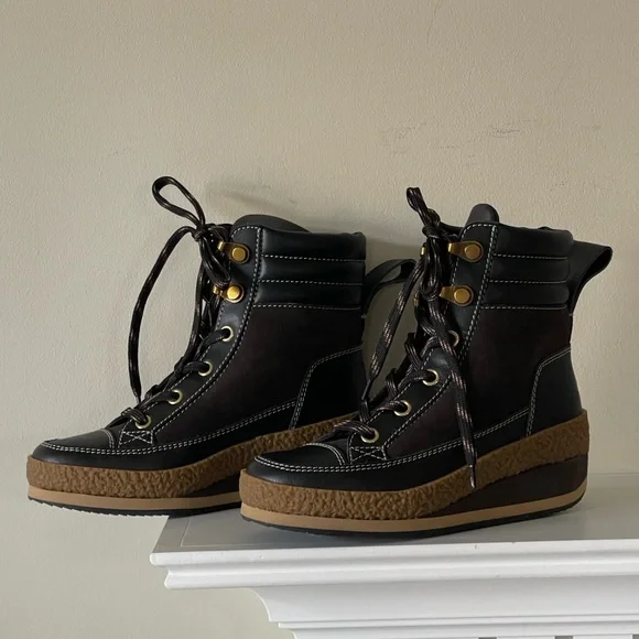 See By Chloé Women's Black and Brown Wedge Lace-Up Boots NWOT Size 37 - Picture 6 of 9